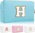 Personalized Initial Letter Patch Makeup Bag, Preppy Portable Chenille Letter Cosmetic Bag with Zipper, PU Leather Waterproof Travel Toiletry Bag Monogram Make Up Pouch for Women Girls