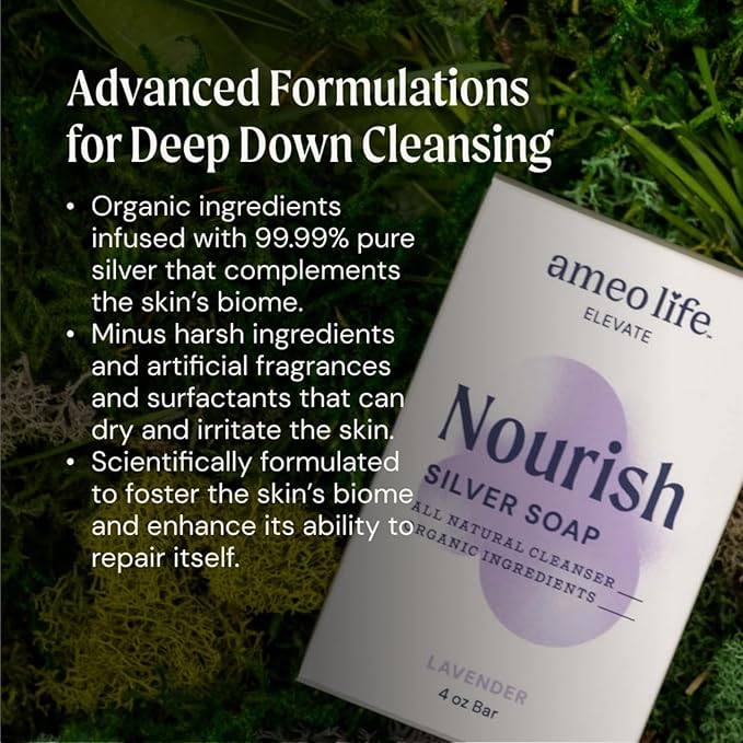 Ameo Life Organic Lavender Silver Soap with 30 ppm Silver - Naturally Cleanses the Skin, 4 oz Colloidal Silver Soap Bar for Women and Men