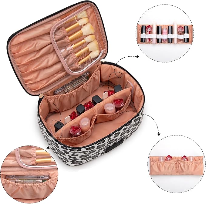 Montana West X Wrangler Travel Makeup Bag 2pcs Set Large Cosmetic Bag with Makeup Brush Holder Portable Make Up Organizer Cute Toiletry Bag with Divider and Handle for Women Leopard