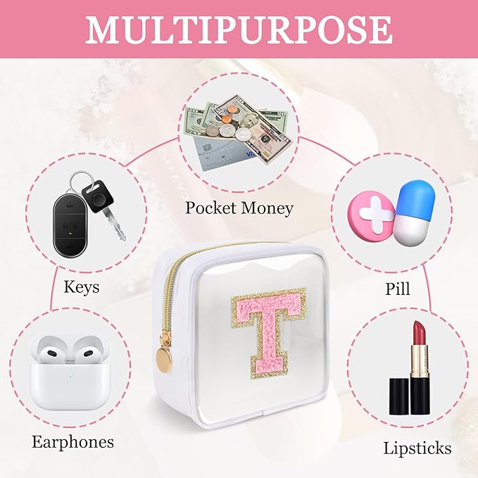 Mini Clear Personalized Initial Makeup Bag,Small Nylon Waterproof Zip Beach Cosmetic Pouch,Preppy A-Z Chenille Letter Patch Cute Coin Purse Travel Toiletry Bag Car Pack Bag for Women(White-Pink T)