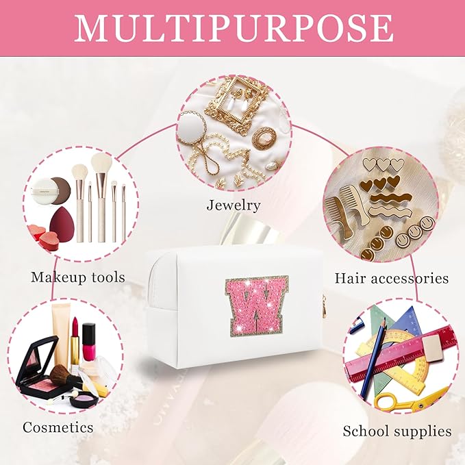 Personalized Initial Letter Patch Makeup Bag, Preppy Glitter Letter Makeup Organizer, Cute Monogrammed Pouch Cosmetic Bag PU Leather Waterproof Travel Toiletry Bag, Gift for Women Teen Girls