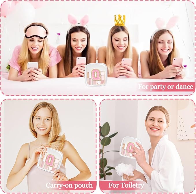 Mini Clear Personalized Initial Makeup Bag,Small Nylon Waterproof Zip Beach Cosmetic Pouch,Preppy A-Z Chenille Letter Patch Cute Coin Purse Travel Toiletry Bag Car Pack Bag for Women(White-Pink Q)