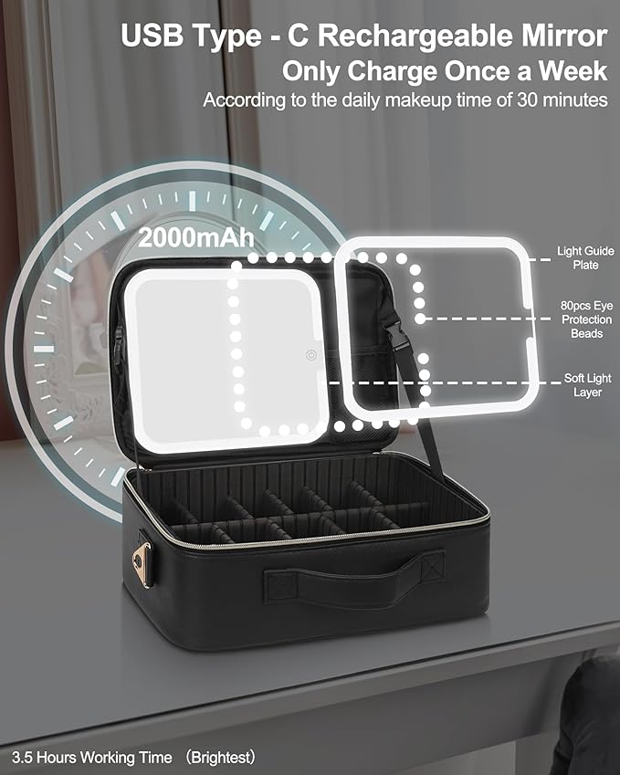 Relavel Makeup Train Case With LED Mirror, Professional Travel Cosmetic Bag with Removable Partitions, Compact Makeup Organizer with Separate Brush Board, Waterproof Travel Case for Women, Black