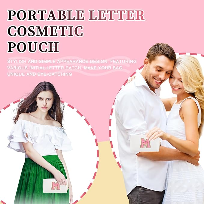 Personalized Initial Letter Patch Makeup Bag, Preppy Portable Chenille Letter Cosmetic Bag with Zipper, PU Leather Waterproof Travel Toiletry Bag Monogram Make Up Pouch for Women Girls(Letter M)