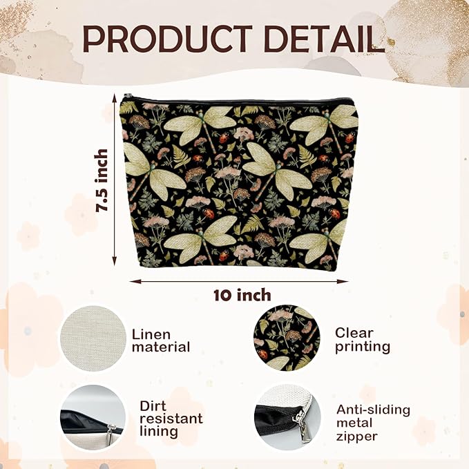 Vintage Floral Dragonfly Makeup Bag, Dragonfly Gifts Cosmetic Bags for Women, Dark Cottagecore Floral Botanical Insects Portable Travel Toiletry Bag Zipper Makeup Pouch