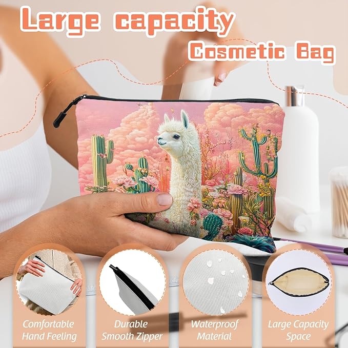 Cosmetic Bags Travel Makeup Toilet Case Waterproof Pouch for Women Girls 6.7X9.45inches - White Alpaca Stand BetweenFlowers And Cacti