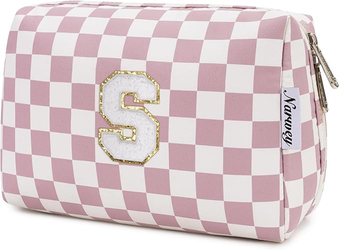 Narwey Birthday Gifts for Teen Girls Kids Women Personalized Initial Checkered Makeup Bag Pink Monogram Cosmetic Bag Trendy Stuff 6 8 10 11 12 13 14 16 18 Years Old Travel Toiletry Bag (Dusty Rose S)