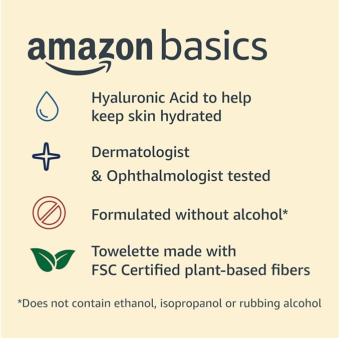 Amazon Basics Makeup Remover Wipes, Gentle Cleansing, Dermatologist Tested, Hydrating, Plant Based, Alcohol-Free, Removes Waterproof Mascara, 25 Count Per Pack, Pack of 1