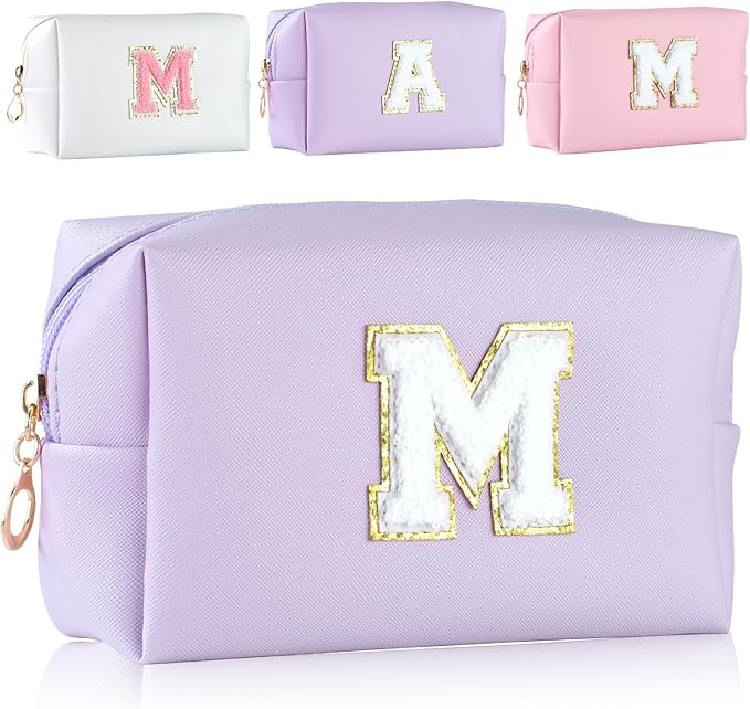 MSQ Personalized Makeup Bag Initial A-Z Patch Bag, PU Leather Cosmetic Bag Pouch Travel Toiletry Bag with Zipper, Gift Ideal for Teen Girls Friend Mom Women Birthday (Purple M)