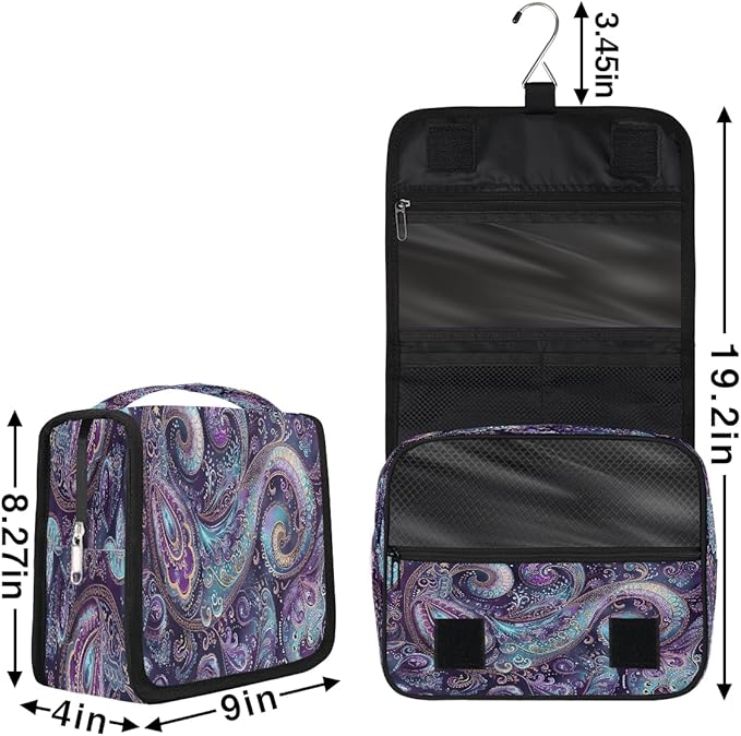 Travel Toiletry Bag for Women & Men Ethnic Purple Paisley Hanging Cosmetic Organizer Portable Waterproof Makeup Case Make Up Bag with Compartments Travel Essentials for Bathroom Shower