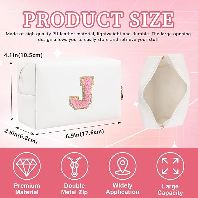Iqimott Personalized Initial Letter Patch Makeup Bag, Preppy Portable Chenille Letter Cosmetic Bag with Zipper, PU Leather Waterproof Travel Toiletry Bag Monogram Make Up Pouch Girls(Letter J)