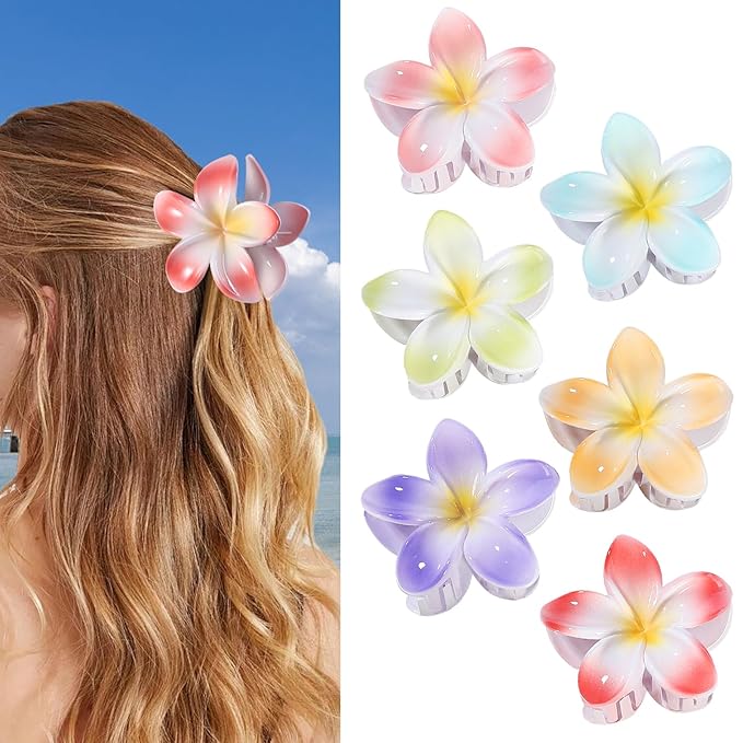 Flower Hair Clips 6 PCS Hawaiian Claw Clips for Vacation Hibiscus Hair Claw Clips Cute Large Hair Clips for Thick and Thin Hair Plumeria Hair Accessories for Women Girls -Light Petal