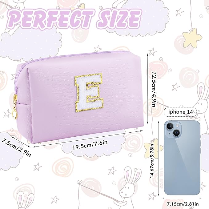Gifts for Girls Initial Makeup Bag Personalized Cosmetic Bag with Zipper Cute Travel Toiletry Bag Waterproof PU Preppy Makeup Pouch Birthday Gift for Teen Girls Women(Purple E)
