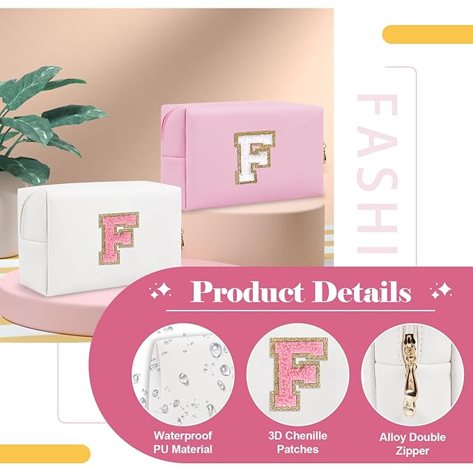 Personalized Makeup Bag Initial A-Z Preppy Patch Bag,Small PU Leather Travel Cosmetic Bag Pouch with Zipper,White Cute Toiletry Bag,Gift Ideal for Teen Girls Women Birthday Friend Mom,Letter F