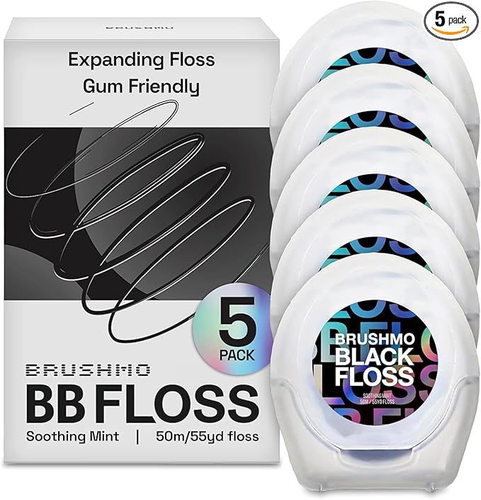 Brushmo Black Floss (BBFloss) - Expanding Floss, Gum-Friendly Soothing Mint Dental Floss, Natural Vegan Wax to Remove Plaque from Teeth, Dentist Designed PTFE & PFAS Free Oral Care, 5 Spools, 275 yd