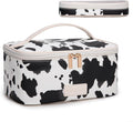 Montana West X Wrangler Travel Makeup Bag 2pcs Set Large Cosmetic Bag with Makeup Brush Holder Portable Make Up Organizer Cute Toiletry Bag with Divider and Handle for Women Cow Brown