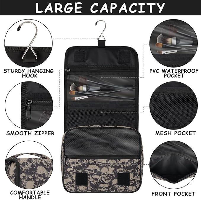Travel Toiletry Bag for Women & Men Bohemian Skull Cool Hanging Cosmetic Organizer Portable Waterproof Makeup Case Make Up Bag with Compartments Travel Essentials for Bathroom Shower