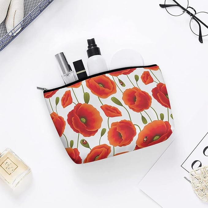 Fashion Makeup Cosmetic Case Clutch Bag, Floral of Red Flowers Pattern Travel Makeup Train Case Organizer Large Capacity Carry On Bag, Luggage Pouch, Makeup Pouch for Women