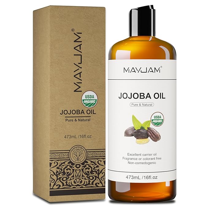MAYJAM 16 Oz Jojoba Oil for Skin, USDA Certified Cold Pressed Jojoba Oil for Hair, Face, Body, Ear Stretch, Nails,Massage, Deeply Moisturizing, Carrier Oil for Essential Oils Mixing(473ML)