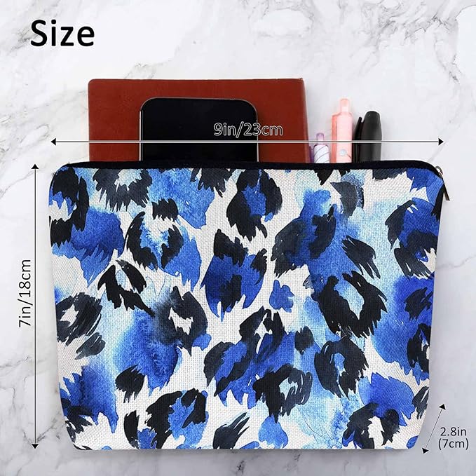 Leopard Print Makeup Bag For Women, Leopard Skin Adorable Cosmetic Bag Makeup Bags, Leopard Fur Zipper Bag Travel Bags Toiletry Organizers Pouch Bags Washing Bags For Gym Bathroom Blue Black