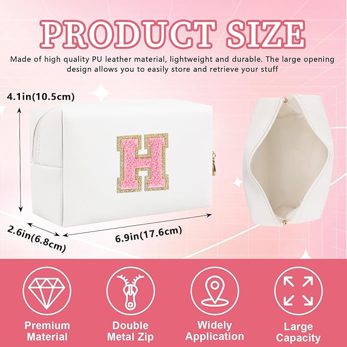 Iqimott Personalized Initial Letter Patch Makeup Bag, Preppy Portable Chenille Letter Cosmetic Bag with Zipper, PU Leather Waterproof Travel Toiletry Bag Monogram Make Up Pouch Girls(Letter H)