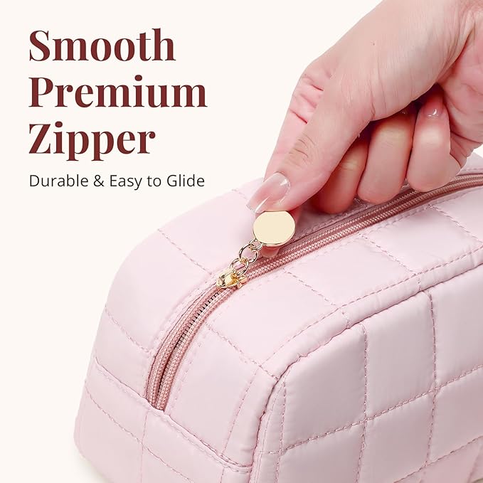 Makeup Bag for Women, Travel Cosmetic Bag Organizer with Compartments, Quilted Puffy Toiletry Pouch for Brushes, Essentials and Accessories, Pink