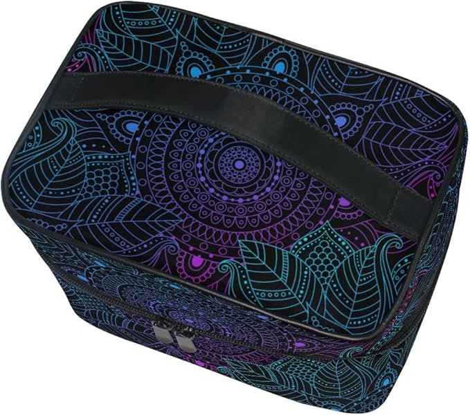 Makeup Train Case Art Arabesque Mandala Boho Ethnic Bohemian Korean Carrying Portable Zip Travel Cosmetic Brush Bag Organizer Large for Girls Women