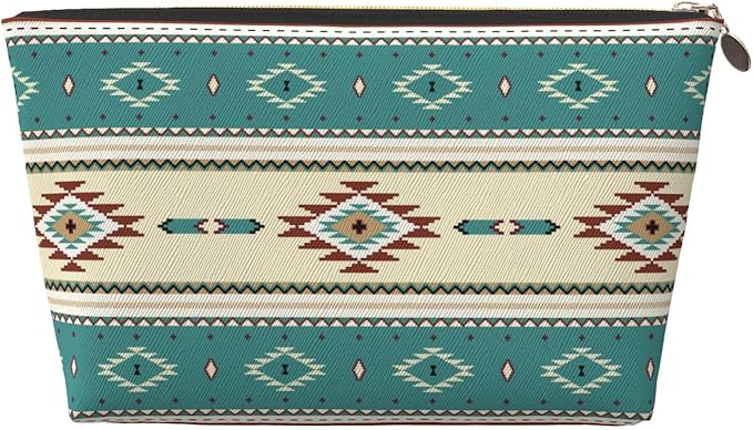 Native Indian Western Tribal Small Makeup Bag for Women - Leather Travel Cosmetic Bag Make Up Pouch Mini Travel Zipper Pouch - Makeup Organizer Bag