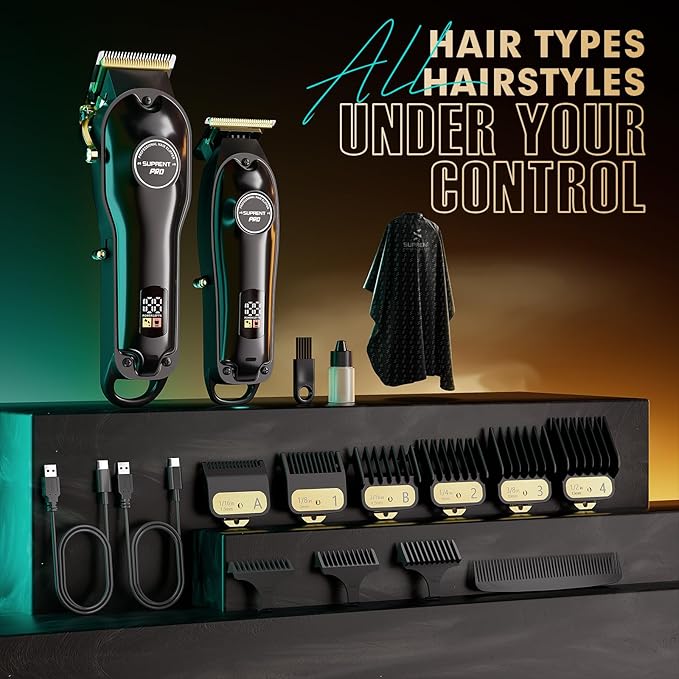 SUPRENT Professional Hair Clippers for Men, Cordless Hair Cutting Kit, Barber Clippers & Zero-gapped Trimmer Combo with Type-C Rechargeable, Titanium Plated Ceramic Blade(Black)