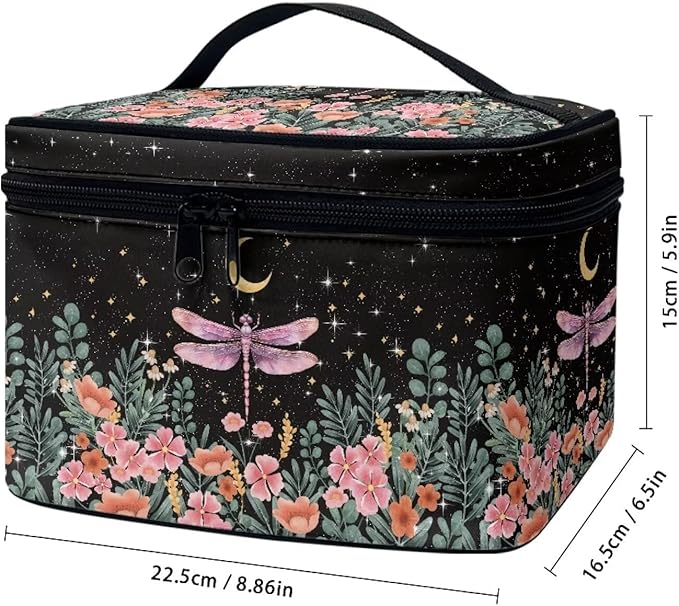 Dragonfly Floral Moon Pattern Makeup Bag Travel Cosmetic Bag with Zipper and Handle Portable Large Capacity Toiletry Case for Women Ladies Travel Accessories