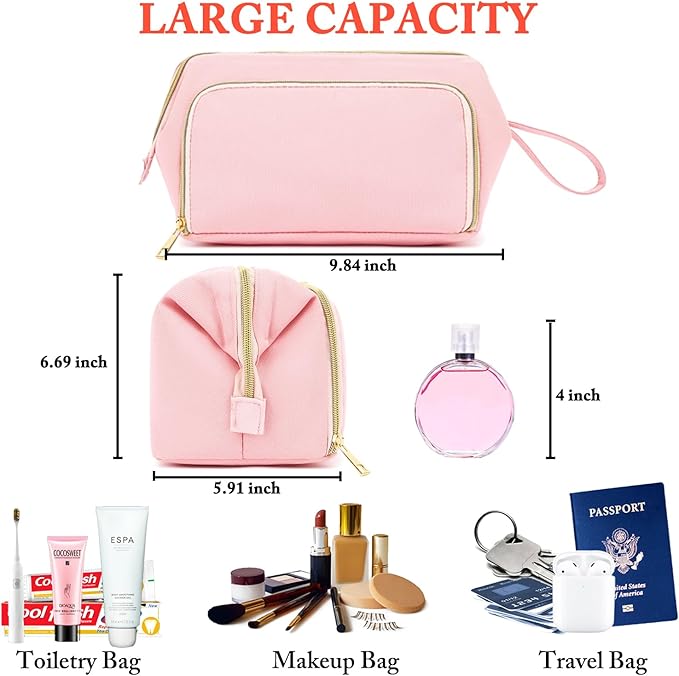 Travel Makeup Bag, Wide-open Cosmetic Bag Make Up Organizer Case with Brushes Pocket for Women, Large Family Toiletry Bag Skincare Pouch for Toiletries Accessories