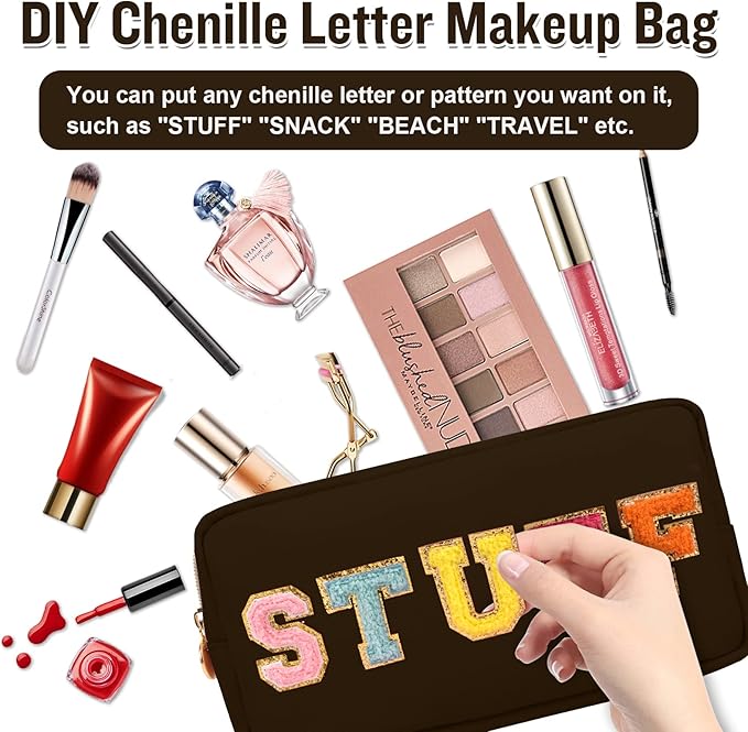 Nylon Small Makeup Bag for Purse, Cute Preppy Makeup Bag Cosmetic Zipper Pouch Purse, Waterproof Portable Travel Toiletry Bag Clutch Make Up Brush Bag Organizer Storage for Women Men Girls(Brown)