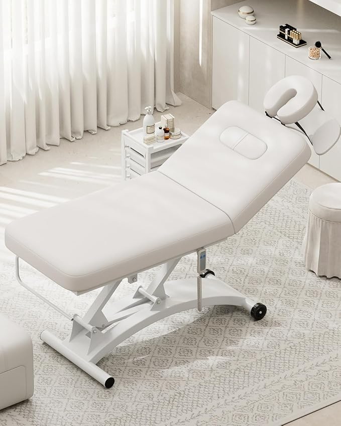 Paddie 550lbs Electric Lift Massage Table Professional for Treatment/Facial/Beauty/Spa/Physical Therapy, Adjustable Backrest/Face Cradle/Rolling Wheels, White