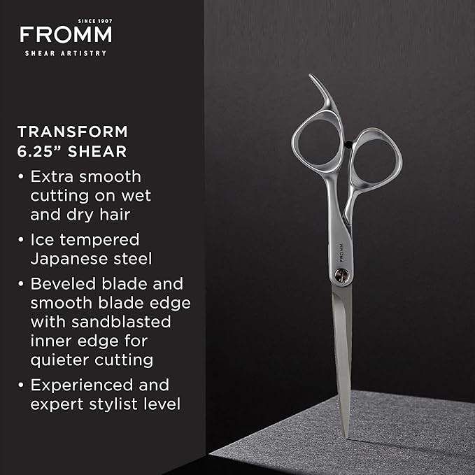 Fromm Transform 6.25" Extra Smooth Hair Cutting Shears for Wet and Dry Hair, Polished Silver Japanese Steel Scissors with Beveled Blade