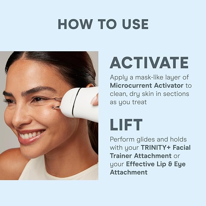 NuFACE Trinity+ Microcurrent Facial Device + Effective Lip & Eye Attachment - FDA Cleared Skin Tightening & Face Toning Device for Targeted Treatment + Microcurrent Gel Activator, Silk Crème & Brush