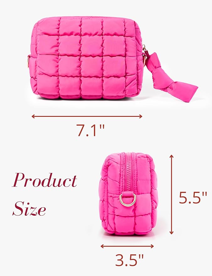 Yarnic Quilted Makeup Bag Cosmetic Bag, Travel Toiletry Bag for Women, Cute Makeup Bag Organizer Puffer Makeup Pouch (S, Hot Pink)