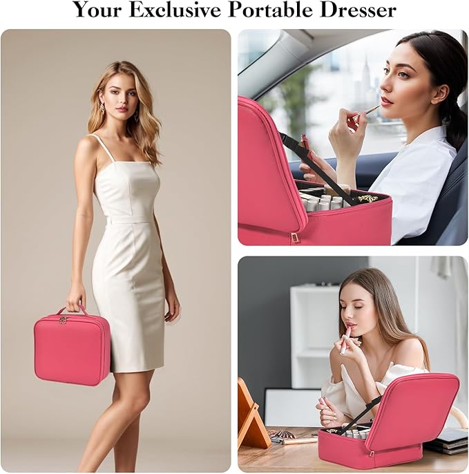 Travel Makeup Bag With LED Mirror,Cosmetic Train Case with 3 Color Setting,Cosmetic Makeup Organizer Bag with Adjustable Dividers,Portable Make up Box with Make up Brushes Holder Storage（Rose）