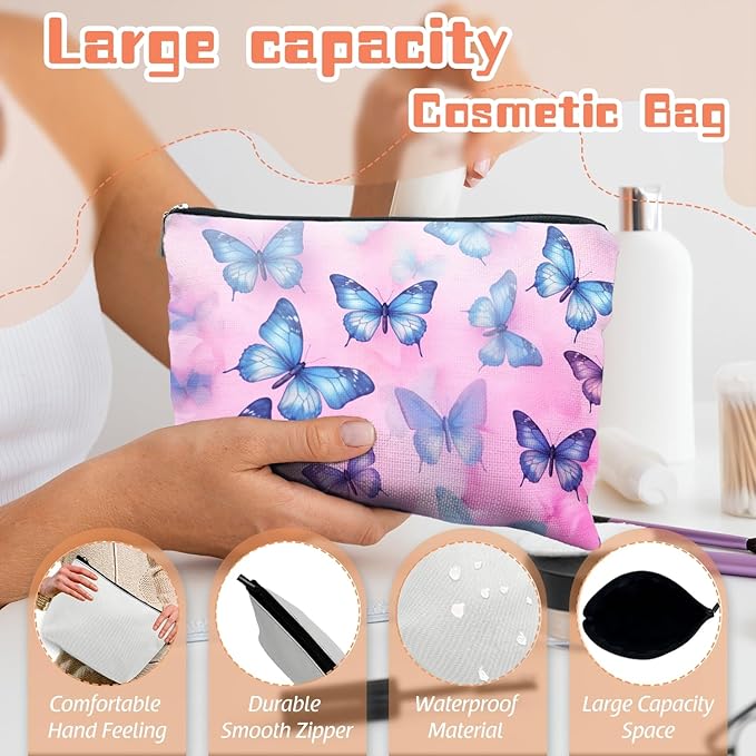 Makeup Bag Travel Cosmetic Bags Small Makeup Case Waterproof Zipper Pouch for Women Girls 7X9inches - Blue And Purple Butterflies on A Pink Background