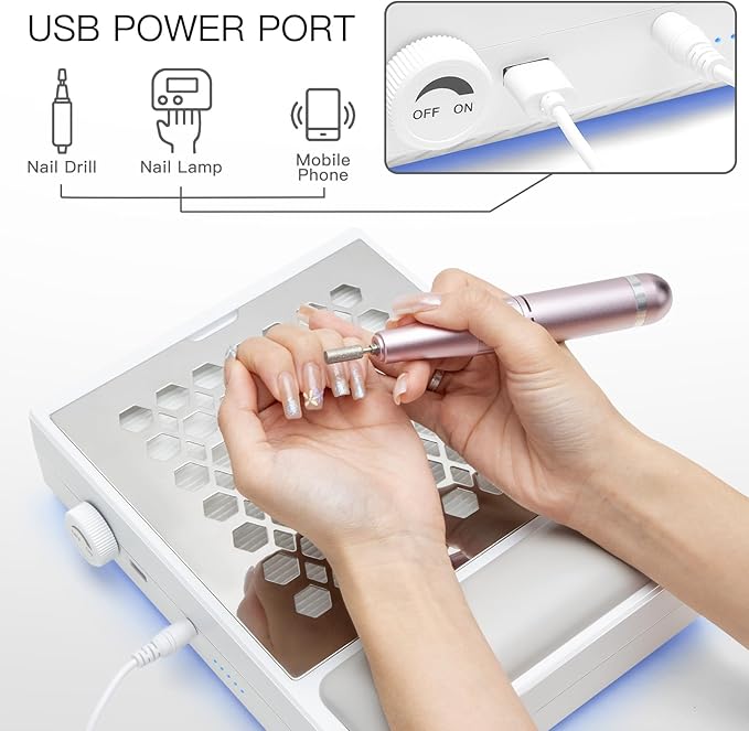 Madenia Powerful Nail Dust Collector - Brushless Quiet Vacuum Suction Fan Extractor with Hand Pillow 2 Filters 1 Brush, Nail Dust Cleaner Machine for Acrylic Gel Nail Polishing Nail Tech Use, White