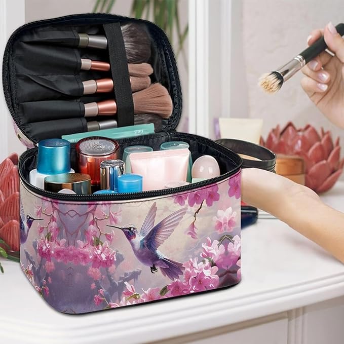 JoyLamoria Cosmetic Bag Toiletry Bag Zipper Closure Makeup Bag Travel Case, Cherry Blossoms Bird