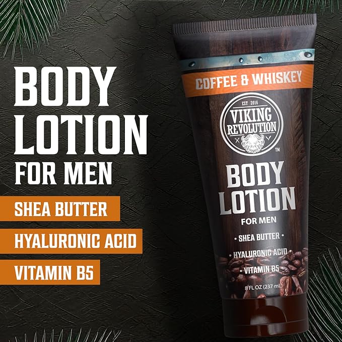 Viking Revolution Coffee Whiskey Body Lotion for Men –Mens Lotion for Dry Skin with Shea Butter, Hyaluronic Acid and Vitamin B5 – Nourishing Mens Body Lotion for Hydrated and Smooth Skin (8oz, 1 Pack)