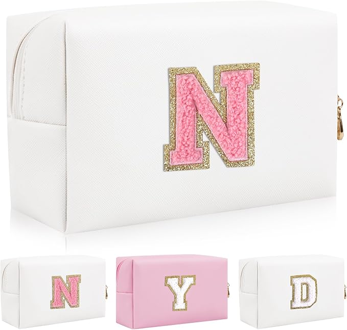 Iqimott Personalized Initial Letter Patch Makeup Bag, Preppy Portable Chenille Letter Cosmetic Bag with Zipper, PU Leather Waterproof Travel Toiletry Bag Monogram Make Up Pouch Girls(Letter N)