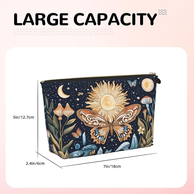 Womens Leather Makeup Bag Cosmetic Bag Travel Toiletry Bags Make Up Bags for Women Adult (Boho Sun-Moon)