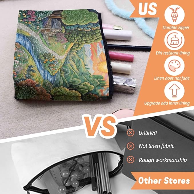 Cosmetic Bags Travel Makeup Toilet Case Waterproof Pouch for Women Girls 6.7X9.45inches - Idyllic Country Landscape With Path And Sun