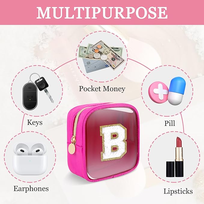Mini Clear Personalized Initial Makeup Bag,Nylon Preppy A-Z Chenille Letter Patch Zipper Cosmetic Bag, Small Cute Beach Pouch Travel Purse Sanitary Napkin Storage Bag for Women Girls(Hot Pink-White B)