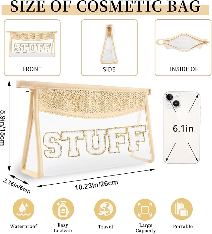 Small Boho Straw Clear Stuff Makeup Bags for Women&Girls, Zipper Cosmetic Bag Chenille Varsity Letter Patch Bag, Preppy Cute Toiletry Pouch, Trendy Organizer Storage Bag for Beach Travel Essentials