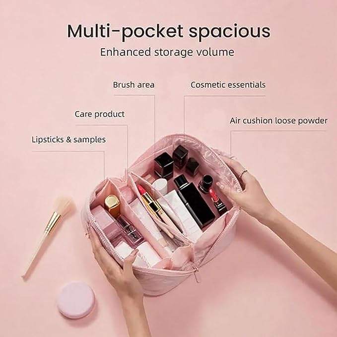 Petition Makeup Bag, 180° Open Lay-Flat Cosmetic Case, Large Capacity Compartment Makeup Bag, Lightweight, Soft and Fashion for Bottles & Brushes (Blue)