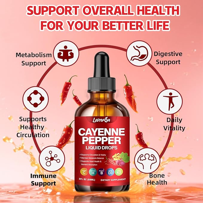 Cayenne Pepper Liquid Drops - Potent Blend with Hawthorn Berry, Turmeric Curcumin, Vitamin D3 K2, Beet Root & Panax Ginseng - Vegan, Non-GMO, High Absorbed Gentle Formula - 2 OZ