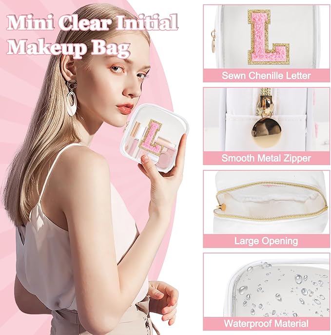 Mini Clear Personalized Initial Makeup Bag,Nylon Preppy A-Z Chenille Letter Patch Zipper Cosmetic Bag, Small Cute Beach Pouch Travel Purse Sanitary Napkin Storage Bag for Women Girls(White-Pink L)