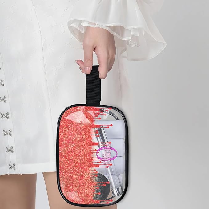 Custom Travel Clear Cosmetic Bag with Name, Personalized Large Capacity Weekend PVC Transparent Toiletry Bag Portable Bathroom Makeup Organizer, Red Curtain Glittering